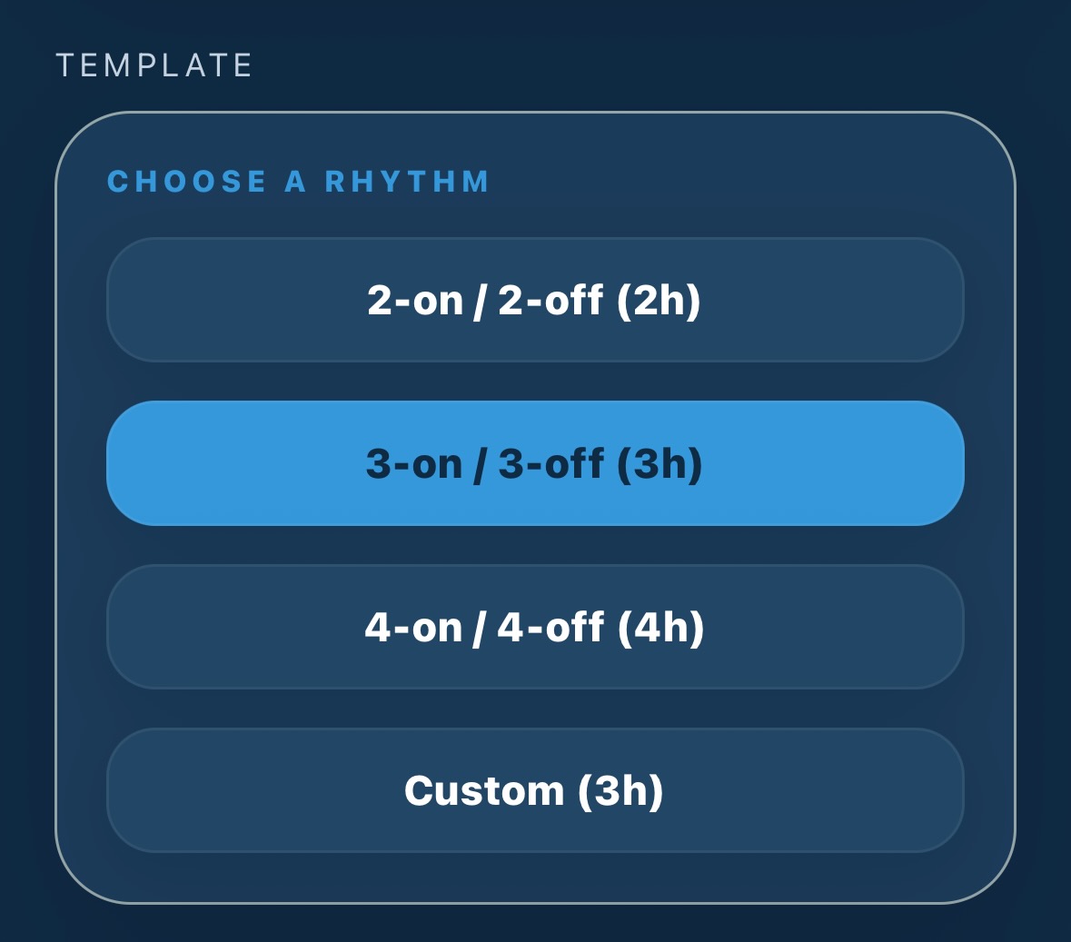 WatchKeeper template selection screen with watch rhythm options