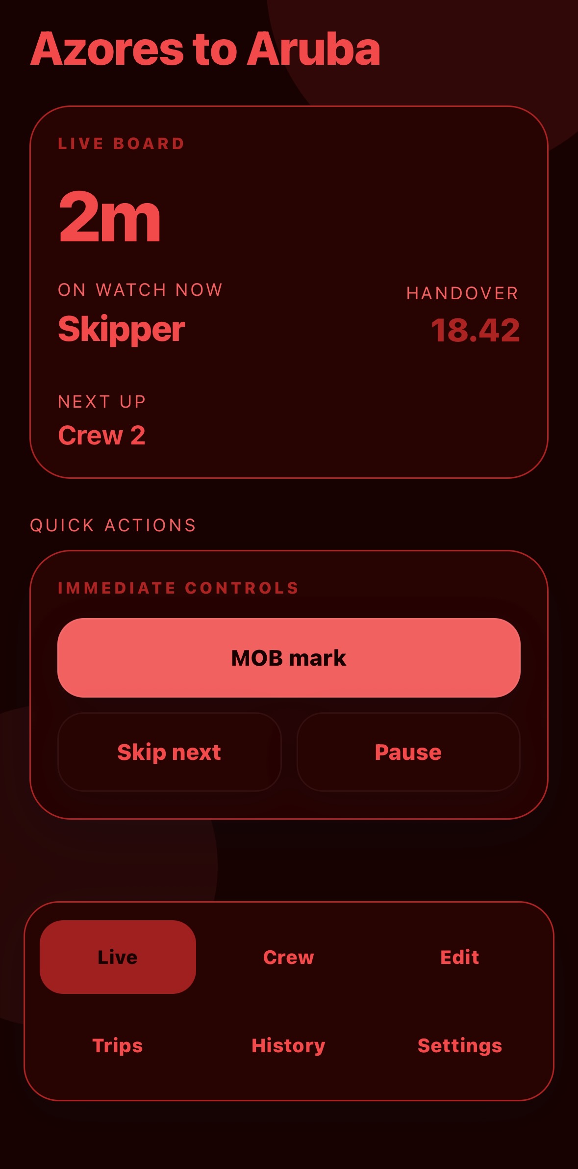 WatchKeeper night mode screen with red emergency styling